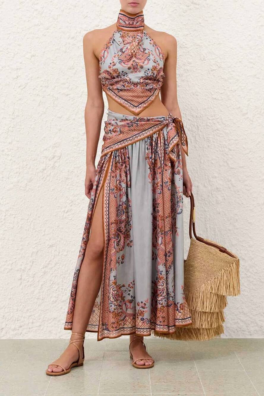 NEW ZIMMERMANN aster scarf midi skirt in blue paisley